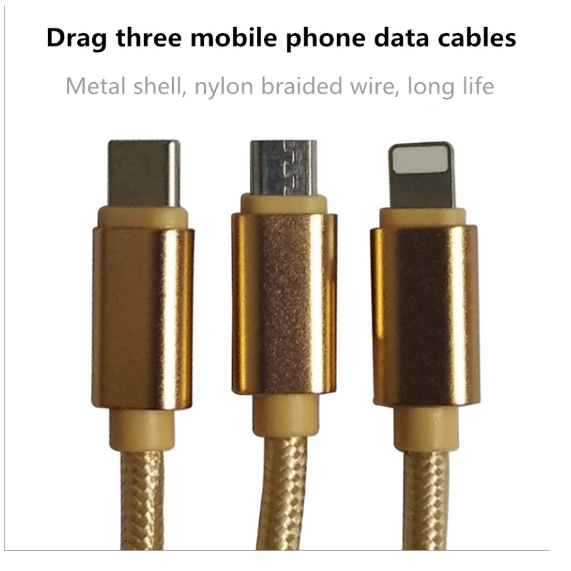 Mobiele telefoon gegevenslijn 2A tijgerstreep nylon vlecht drie-in-een veilige snelle oplaadlijn